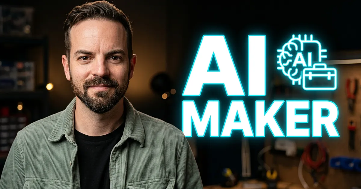 Thijs Jochems naast de tekst AI Maker, met een werkplaats op de achtergrond